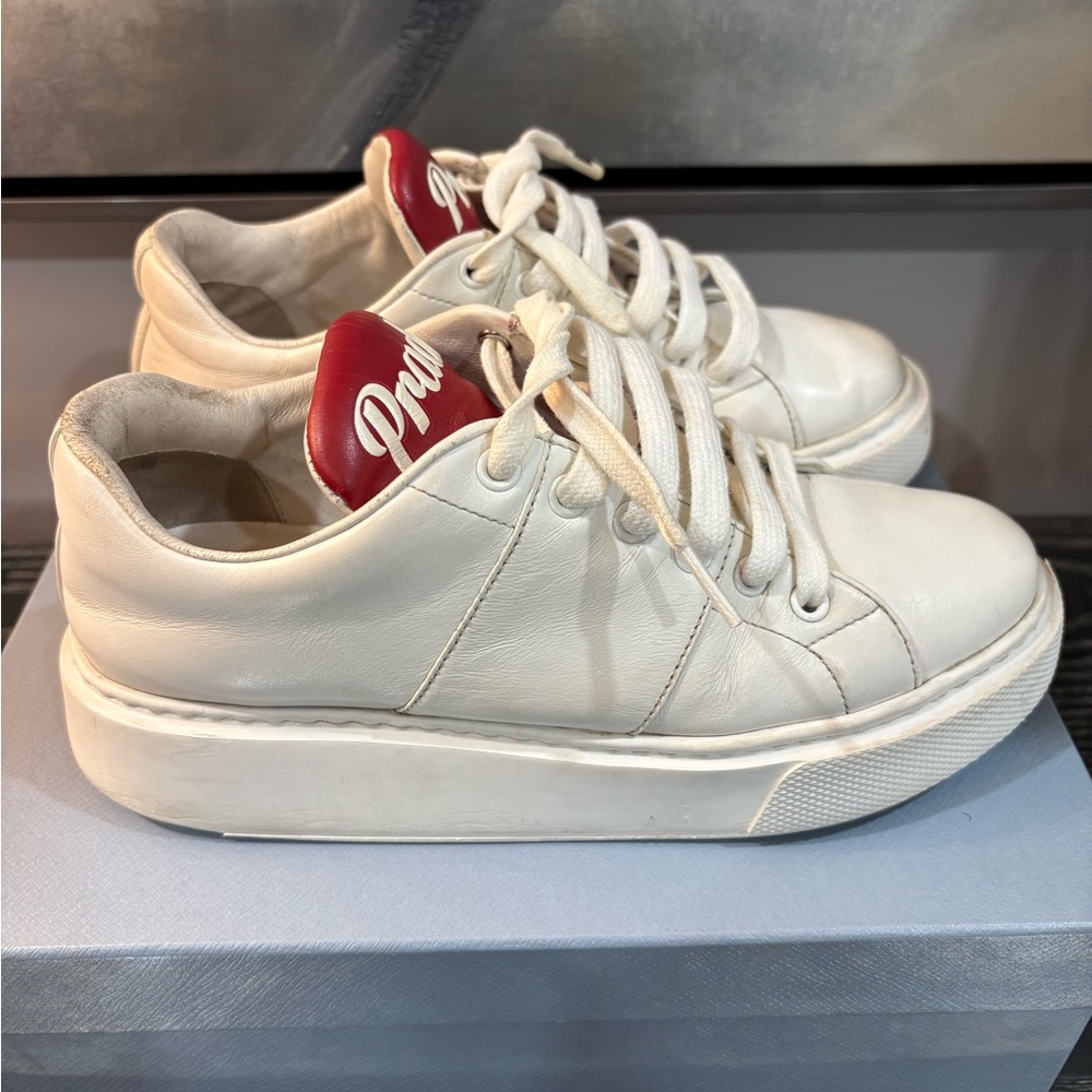Prada White and Red Leather Sneakers
